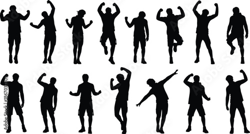 Energetic male silhouettes collection showing jumping, dancing and celebrating poses for fitness, sport, activity and lifestyle design concepts