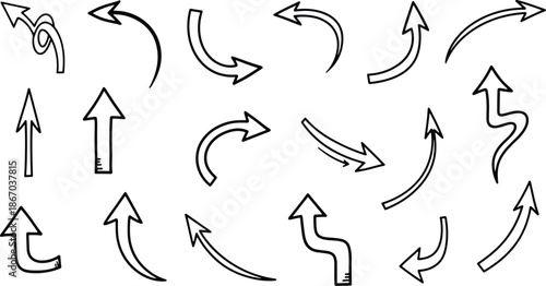 Hand drawn curved arrow icon collection in black and white for navigation, direction indicators, interface design and infographic elements