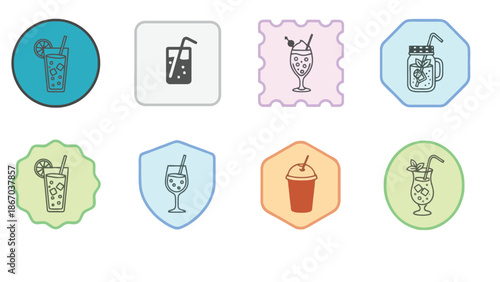 Colorful drink icons in various shapes and styles