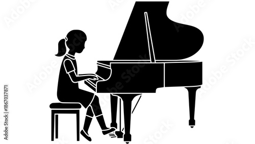 Young girl playing grand piano with passion