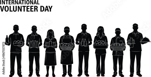 International Volunteer Day illustration with diverse volunteer silhouettes holding food and supplies, community service teamwork and charity support concept