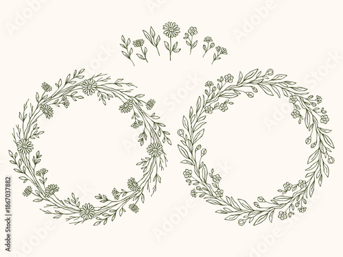 Hand drawn outline vector set of floral wreaths and separate spring flower elements. Elegant botanical line art for invitations, wedding design, cards, branding and decorative projects