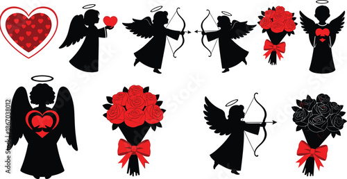 Valentine angel and cupid silhouette collection with hearts, bows, arrows and rose bouquets in romantic love themed illustration set