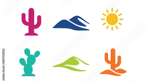 Vibrant desert landscape icons with cacti and sunny weather