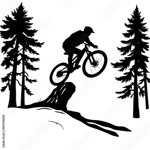 Mountain Biker Jumping Over a Log Silhouette