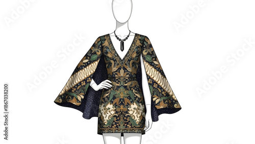 Elegant Black and Green Cape Dress with Intricate Gold Pattern and Necklace