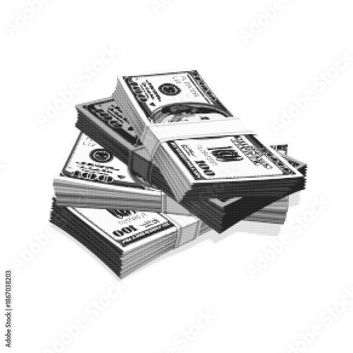Stacks of US dollar banknotes in black and white halftone style. Money bundles symbolizing wealth, finance and profit, retro dot texture, minimal graphic illustration isolated on white background.