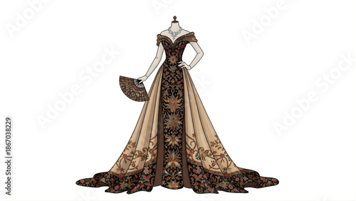Elegant Off-the-Shoulder Gown with Intricate Floral Patterns and a Flowing Train, Perfect for Formal Occasions