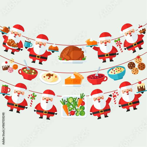 Festive Christmas holiday banner featuring Santa Claus figures holding various traditional food items and a spread of holiday dishes.