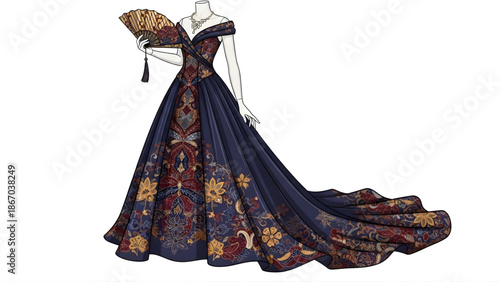 Elegant ball gown illustration intricate golden, crimson floral patterns on deep navy fabric. Off-shoulder neckline, flowing train, and delicate fan evoke historical style