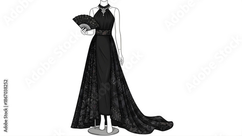 Elegant black evening gown with a flowing lace train and halter neckline, perfect for sophisticated galas and formal events, presented on a mannequin with a decorative fan