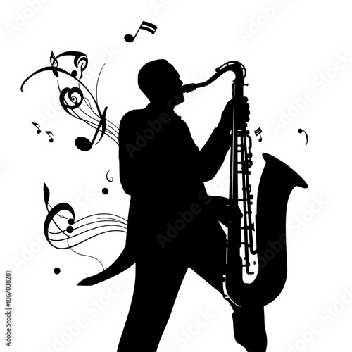 Saxophonist Silhouette with Abstract Music Notes
