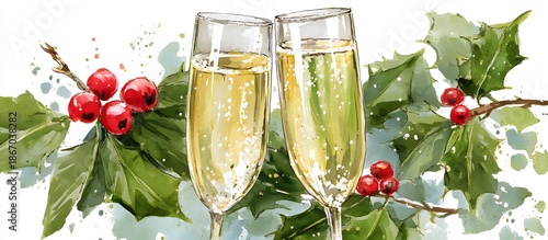 New Year's banner with champagne glasses and holly, copy space