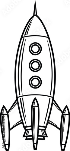 Simple black and white outline illustration of a retro style space rocket ship ready for launch into the cosmos