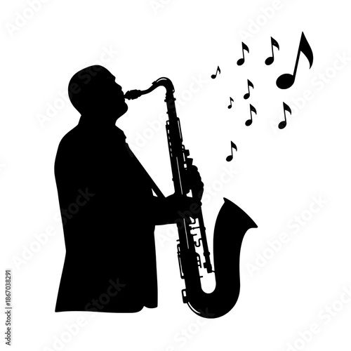 Saxophonist Silhouette with Musical Notes