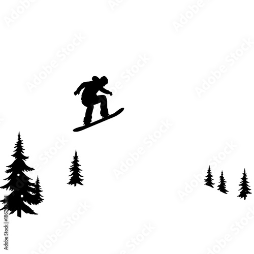 Snowboarder Backcountry Jump with Trees Silhouette