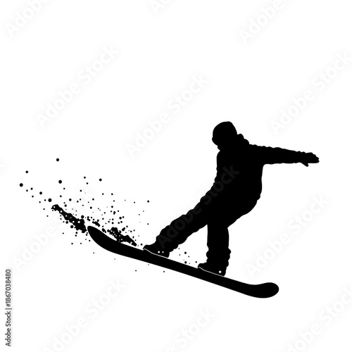Snowboarder Carving Silhouette with Snowflakes