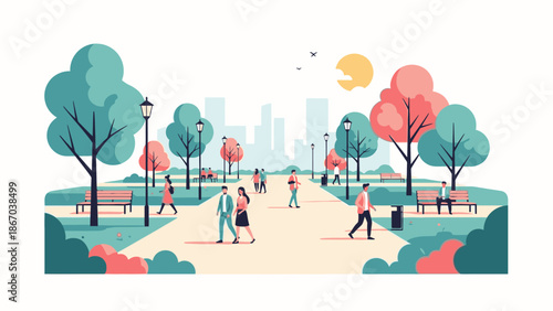 Illustration of people walking and socializing in a vibrant urban park with evergreen trees and cityscape in the background, conveying a sense of community and technology integration in
