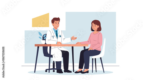 A doctor in a white coat discussing a document with a female patient in a modern medical office setting, conveying a sense of professionalism and trust in the world of business and