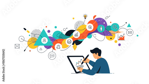 A man in a blue shirt works on a laptop with colorful business and technology icons floating above him on a white background.