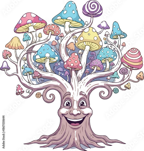 Whimsical tree trunk with a giant smiling face covered in a vibrant canopy of various colorful fantastical mushrooms and fungi illustration