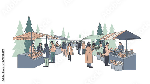 Illustration of people shopping at an outdoor market with vendor stalls, surrounded by evergreen trees, in a lively and bustling scene.
