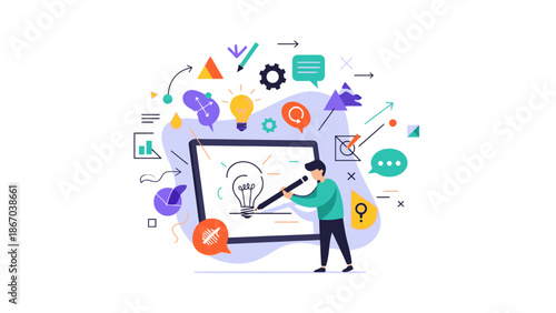 A man in a green shirt draws on a large tablet with various colorful business and technology icons floating around him in a modern, illustrative style with a bright and innovative mood.