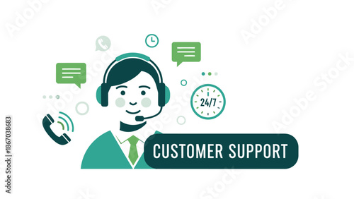 Illustration of a customer support representative wearing a headset with speech bubbles and icons on a white background in a business technology setting.