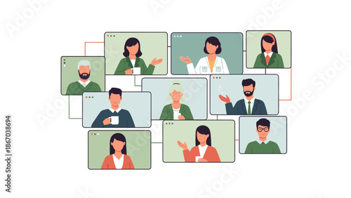 Illustration of diverse business professionals in a virtual meeting on multiple screens with a modern and technology-driven feel in the world of business and evergreen industry.