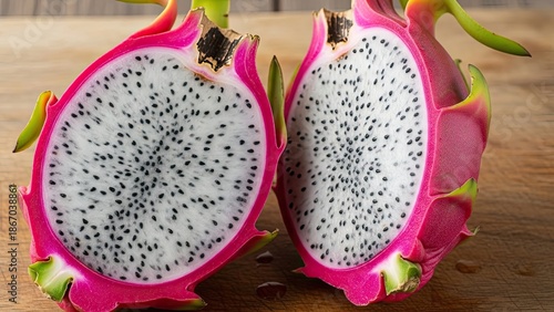 Dragon Fruit Cut Open on Wood.