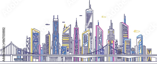 Stylized illustration of a modern metropolitan city skyline featuring futuristic skyscrapers and an illuminated suspension bridge traversing the foreground below