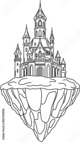 Coloring page outline featuring a magnificent fairytale castle perched precariously upon a detached floating island rock formation illustration