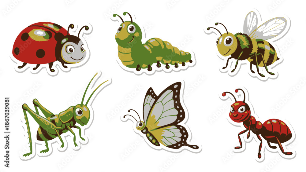 Fototapeta premium Colorful Insect Sticker Pack Featuring Ladybug, Caterpillar, and Butterfly in a Vibrant Garden Scene