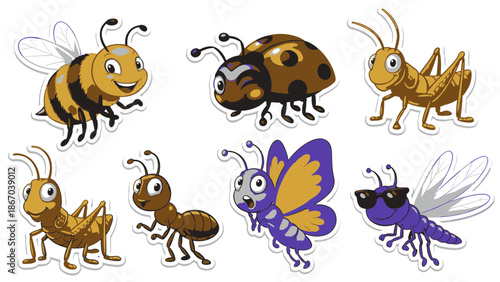 Insect Sticker Pack featuring a Bee, Butterfly, and other Bugs in a Digital Illustration