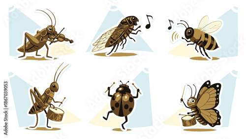 Vibrant Insect Sticker Pack Featuring Butterfly, Bee, Grasshopper, and Ladybug Illustrations in Various Dynamic Poses