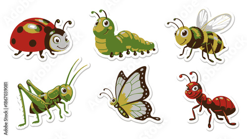 Colorful Insect Sticker Pack Featuring Ladybug, Caterpillar, and Butterfly in a Vibrant Garden Scene