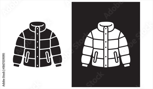 Puffer jacket winter coat icon set black and white padded outerwear vector