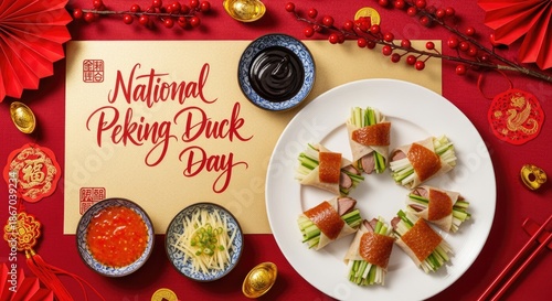 A plate of Peking duck wraps with cucumber and scallions, accompanied by sauces. The background features red decorations for National Peking Duck Day.