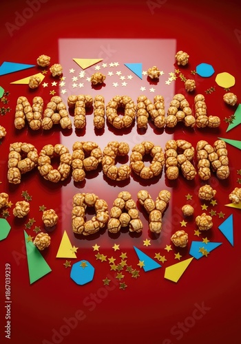 Colorful decorations and popcorn arranged to spell out 'National Popcorn Day' on a vibrant red background. Fun and festive design for celebration.