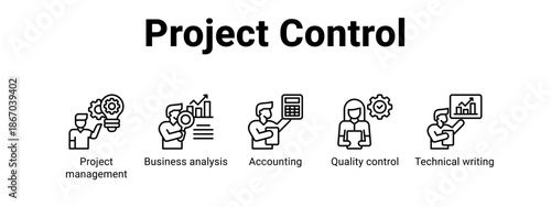 Project Control web banner icon vector illustration concept for  with icon of Project management, Business analysis, Accounting, Quality.
