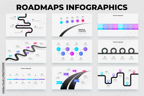 Roadmap Infographic Presentation Template, Timeline Diagram Set, Business Planning Roadmap Collection, Strategy Timeline Vector