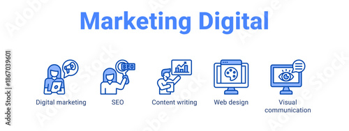 Marketing Digital web banner icon vector illustration concept for  with icon of Digital marketing, SEO, Content writing, Web.