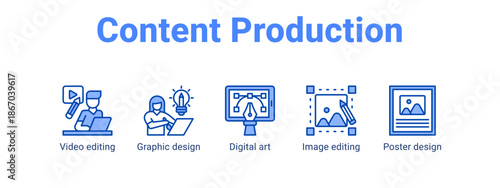 Content Production web banner icon vector illustration concept for  with icon of Video editing, Graphic design, Digital art, Image.