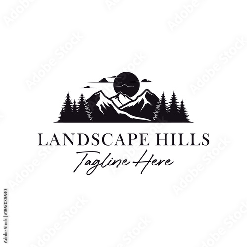 Mountain Hills Landscape with pine trees sun clouds striking silhouette style for nature outdoor travel logo design
