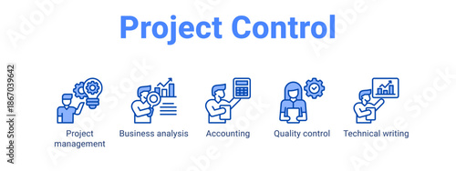 Project Control web banner icon vector illustration concept for  with icon of Project management, Business analysis, Accounting, Quality.