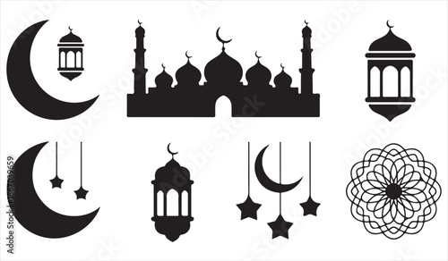 Ramadan and Eid festival icons mosque crescent stars and lanterns black vector set