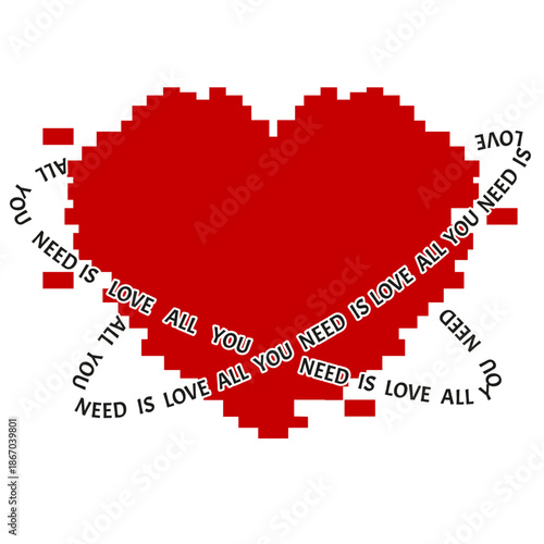 Modern vector red Heart with trendy Glitch effect and bold love message. Trendy geometric red Heart isolated transparent background. Glitch effect heart sticker with illusion of distorted. EPS 10