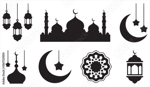 Islamic elements icon set with mosque crescent moon stars and lanterns silhouette