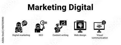 Marketing Digital web banner icon vector illustration concept for  with icon of Digital marketing, SEO, Content writing, Web.