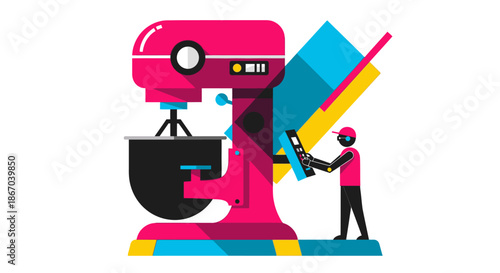 A vibrant, stylized illustration shows a small figure operating a control panel next to a large pink stand mixer, symbolizing modern automated kitchen processes.